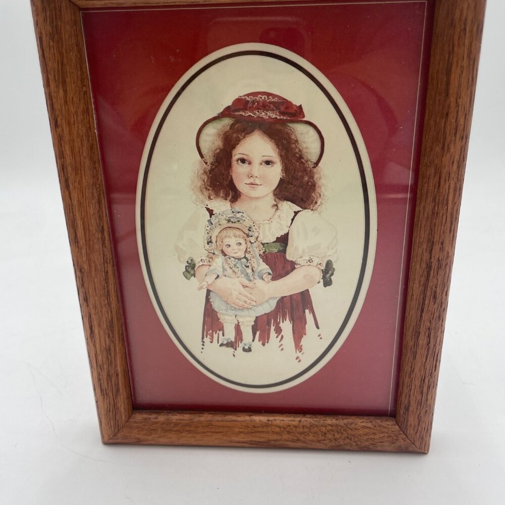 Vintage Framed Oval Victorian Girl & Doll Illustration 8 x 6 .5”Wood Frame